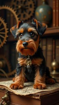 salmon theme, Design a whimsical image of an Airedale Terrier puppy exploring a steampunk inspired study, with intricate brass gears, antique maps