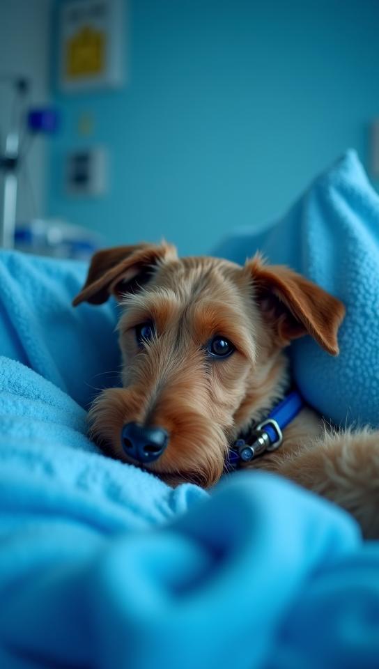 royal blue theme, Generate an emotional image of an Airedale Terrier serving as a support animal, laying gently alongside a hospital patient, with soft lighting