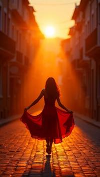 tangerine theme, Create a striking image of a woman twirling in a flowing red dress on an empty cobblestone street at sunset, with the golden rays of the setting sun casting a warm glow on her and the cool blue tones of the evening shadows slowly enveloping the background buildings