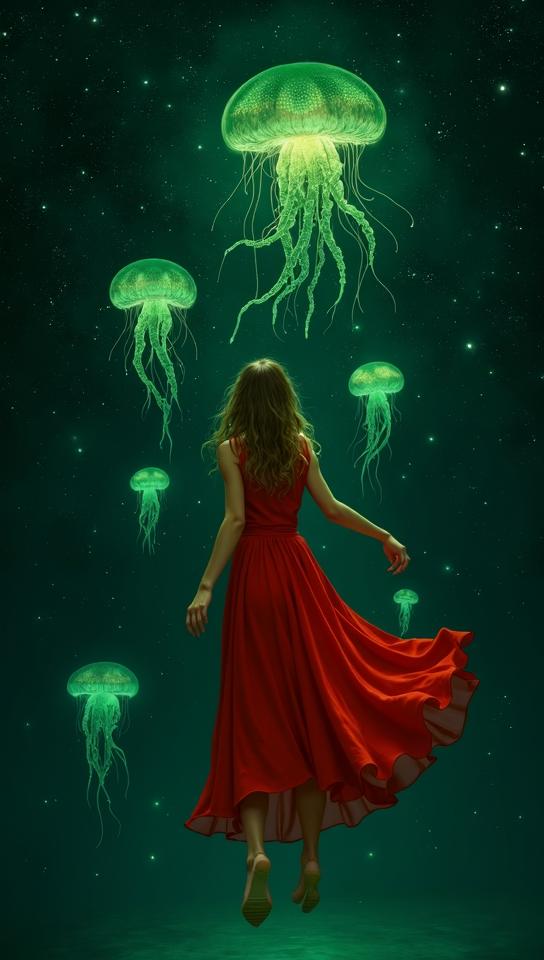 lime green theme, Design an illustration of a mystical, dreamlike scene where a woman in a red dress is floating in a vast, starry night sky