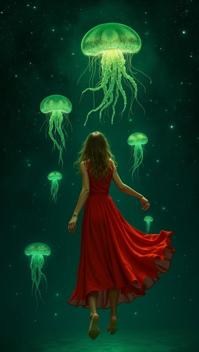 lime green theme, Design an illustration of a mystical, dreamlike scene where a woman in a red dress is floating in a vast, starry night sky