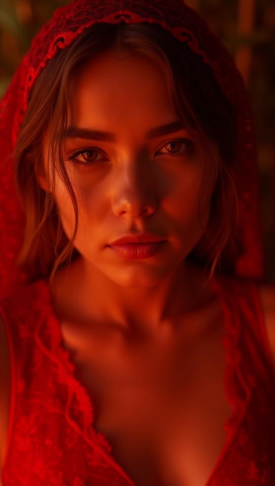 corn theme, Generate an image of a close up shot of a woman s face, concealed behind a beautiful red lace dress, with intricate patterns casting delicate shadows on her skin
