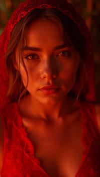 corn theme, Generate an image of a close up shot of a woman s face, concealed behind a beautiful red lace dress, with intricate patterns casting delicate shadows on her skin