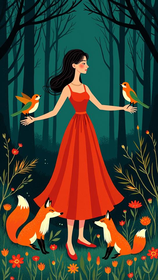 midnight blue theme, Illustrate a whimsical scene of a woman in a red dress, standing in a lush green forest, with playful foxes tugging at her dress