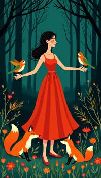 midnight blue theme, Illustrate a whimsical scene of a woman in a red dress, standing in a lush green forest, with playful foxes tugging at her dress