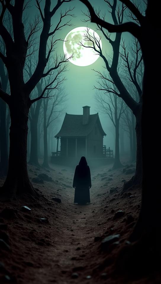 chocolate theme, Create an eerie, moonlit forest scene with twisted trees, a decrepit cabin in the distance