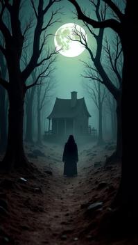 chocolate theme, Create an eerie, moonlit forest scene with twisted trees, a decrepit cabin in the distance