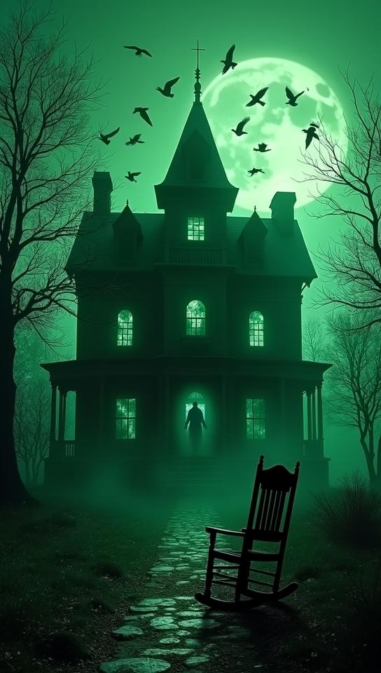 green theme, Design an abandoned, gothic mansion with broken windows, a creaky rocking chair on the porch