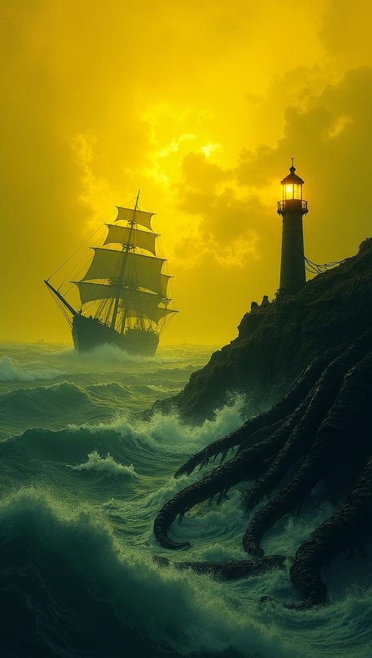 yellow theme, Illustrate a chilling, stormy sea with a wrecked ship on the horizon, a lonely lighthouse with a flickering light