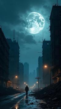 razzmatazz theme, Generate a desolate, post apocalyptic cityscape at night, with crumbling buildings