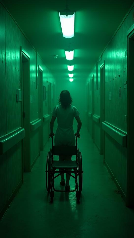 spring green theme, Produce a haunting, old fashioned hospital corridor at night, with flickering fluorescent lights