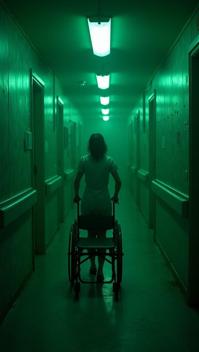 spring green theme, Produce a haunting, old fashioned hospital corridor at night, with flickering fluorescent lights
