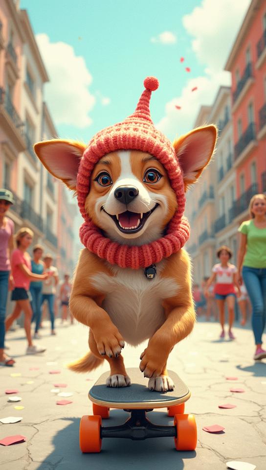 french rose theme, A whimsical illustration of a crazy dog wearing a propeller beanie, riding a skateboard through a bustling city street on a sunny day, with people cheering and confetti falling