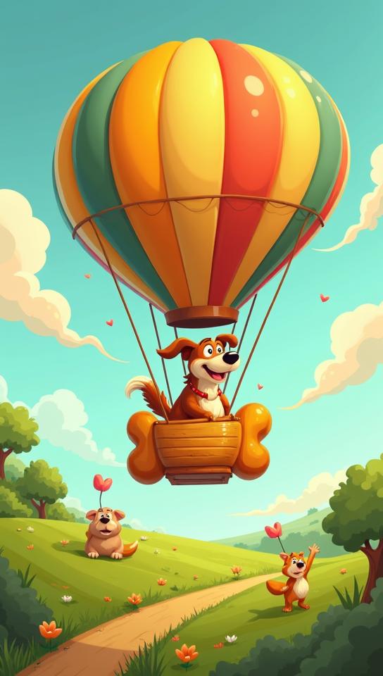 amber theme, Generate a vibrant, cartoon style image of a crazy dog driving a colorful hot air balloon shaped like a giant bone, flying over a lush