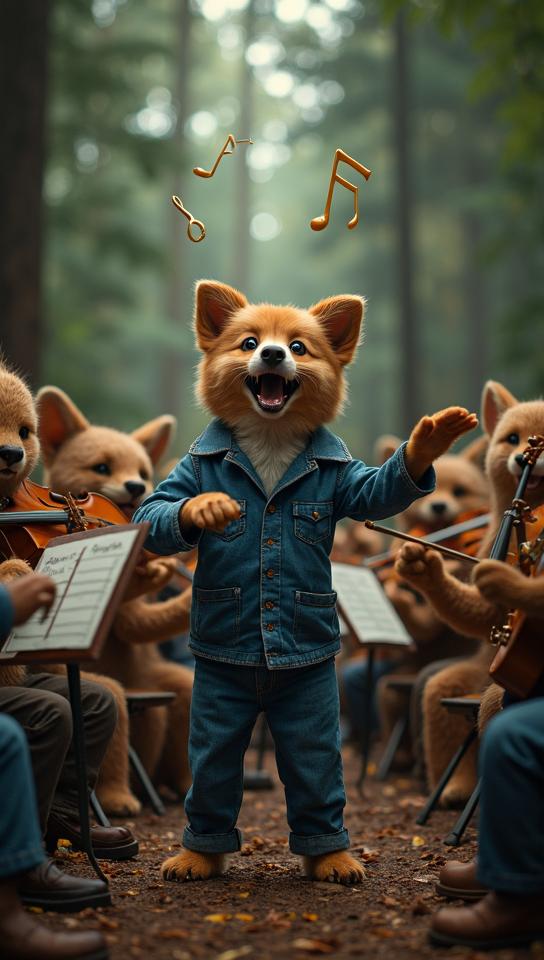 denim theme, Create a dynamic and humorous image of a crazy dog conducting an orchestra of other animals playing various instruments, with musical notes floating in the air, set in a lively forest concert hall