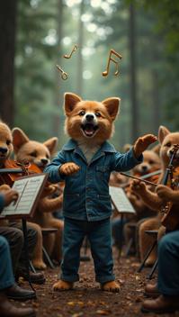 denim theme, Create a dynamic and humorous image of a crazy dog conducting an orchestra of other animals playing various instruments, with musical notes floating in the air, set in a lively forest concert hall