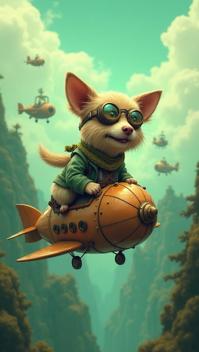forest green theme, Design a playful steampunk themed image of a crazy dog wearing goggles and a scarf, piloting a dirigible with mechanical wings, soaring through a sky filled with floating islands and other whimsical aircraft