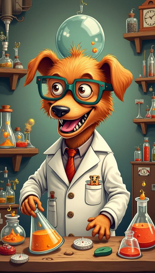 brown theme, A lively and detailed illustration of a crazy dog as a mad scientist, wearing a lab coat and safety glasses, surrounded by bubbling beakers and peculiar inventions