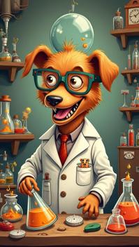 brown theme, A lively and detailed illustration of a crazy dog as a mad scientist, wearing a lab coat and safety glasses, surrounded by bubbling beakers and peculiar inventions