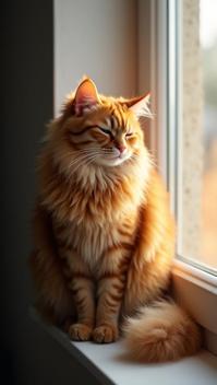 slate grey theme, Generate a portrait of a fluffy, long haired ginger cat sitting in a windowsill, with soft sunlight filtering through the window