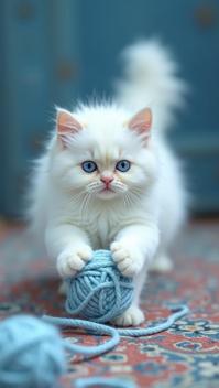 sky blue theme, Create an image of a fluffy, white cat with blue eyes, playing with a ball of yarn on a Persian rug The cat should be in motion