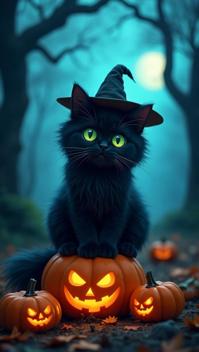 midnight blue theme, Design a whimsical scene of a fluffy, black cat with green eyes, wearing a tiny witch s hat