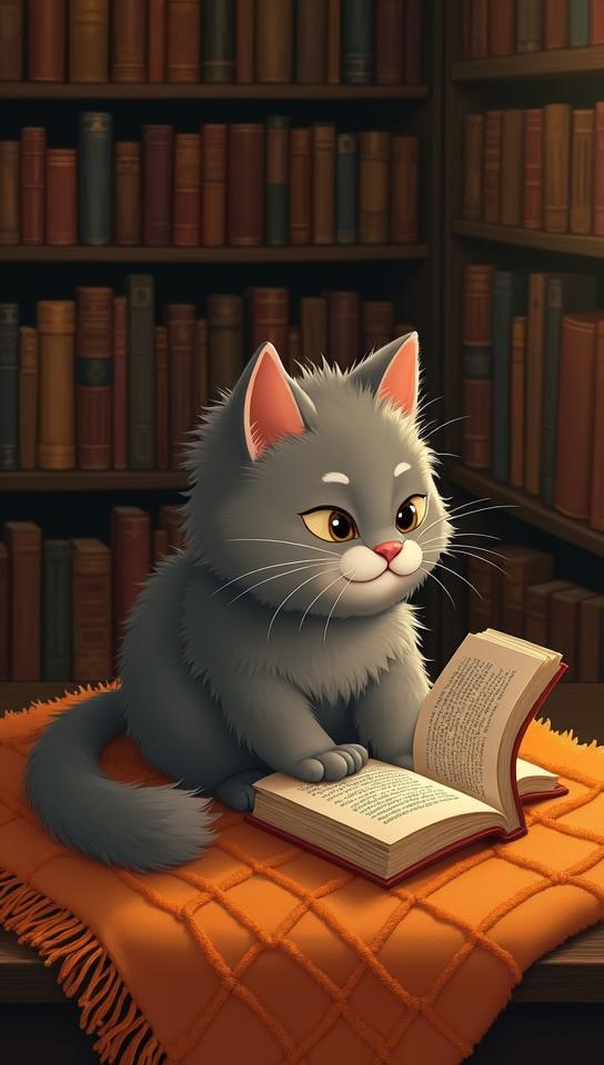 saffron theme, Illustrate a fluffy, gray cat with a bushy tail, sitting on top of a cozy knitted blanket