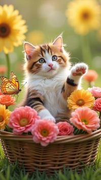 carmine theme, Produce an image of a fluffy, calico cat, sitting in a basket full of fresh flowers