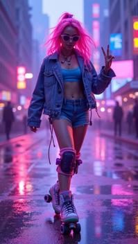 blue violet theme, Create a vivid portrait of a confident roller skater girl with retro futuristic gear, gliding through a bustling cyberpunk city at sunset, with neon lights reflected in the puddles on the street