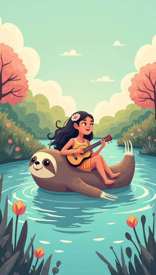 buff theme, Illustrate a whimsical scene of a young girl with flowers in her hair, sitting on the back of a giant, friendly sloth as they float down a magical