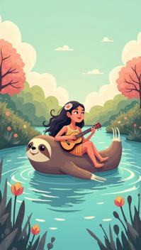 buff theme, Illustrate a whimsical scene of a young girl with flowers in her hair, sitting on the back of a giant, friendly sloth as they float down a magical