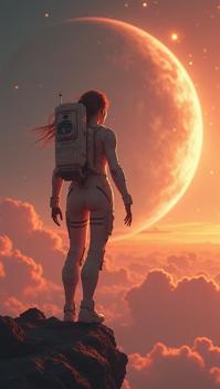 apricot theme, Design a dynamic image of a fearless teenage girl, wearing a sleek, futuristic spacesuit