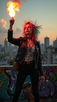 ivory theme, Generate an emotive image of a rebellious punk rock girl, standing defiantly on a rooftop, with a graffiti covered cityscape as the backdrop