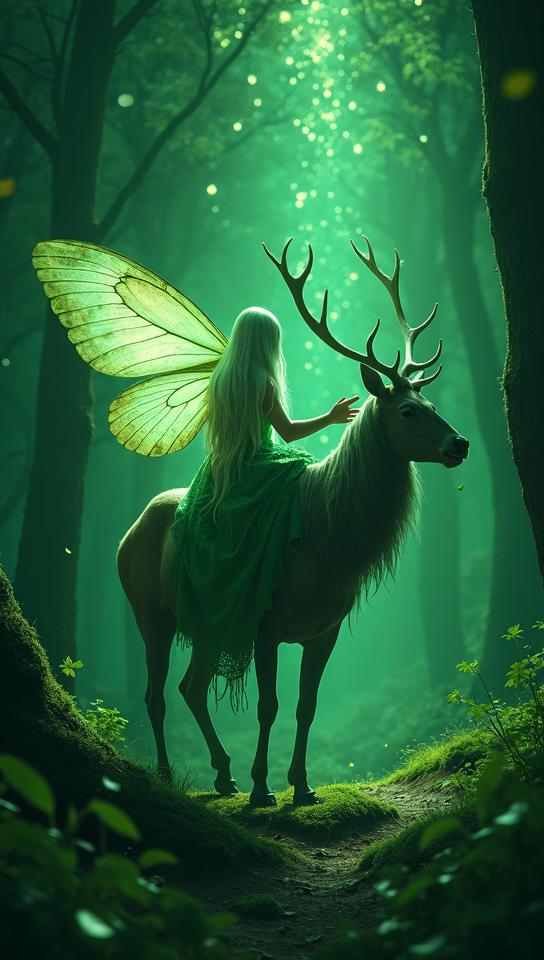 shamrock green theme, Paint a mesmerizing picture of a mystical girl, with long, flowing silver hair