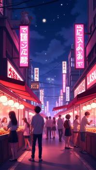 magenta theme, Create an anime scene depicting a bustling night market in a neon lit city, with steaming food stalls, crowded shops