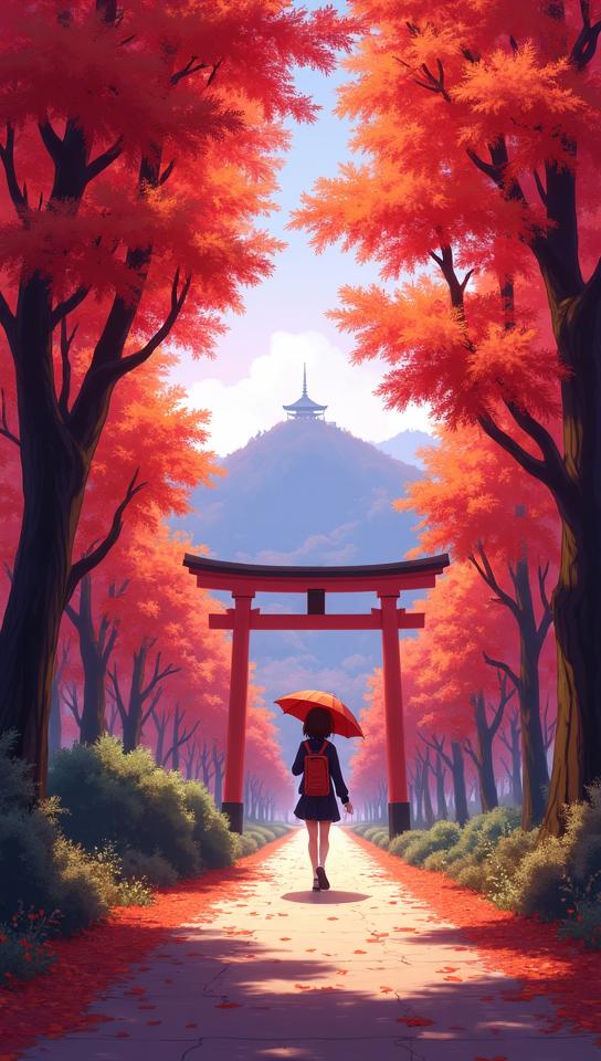 han purple theme, Design an anime scene showcasing a peaceful autumn landscape, with a schoolgirl walking down a path lined with red and orange leaves, holding an umbrella while soft sunlight filters through the trees and a gentle breeze rustles the leaves In the distance a torii gate sits atop a hill with a temple barely visible