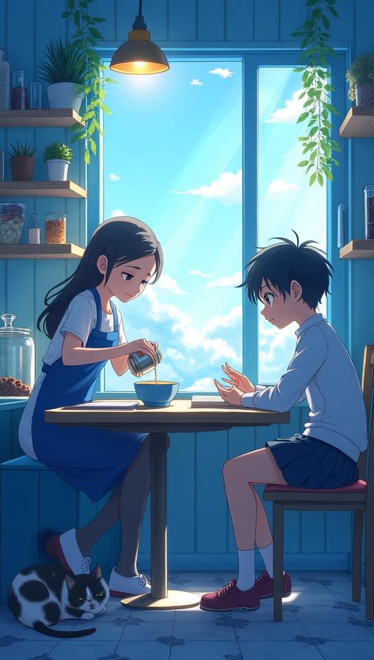 blue theme, Illustrate an anime scene in a cozy caf , where a barista is pouring latte art into a cup, while a customer sits at a nearby table