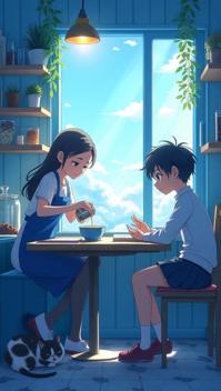 blue theme, Illustrate an anime scene in a cozy caf , where a barista is pouring latte art into a cup, while a customer sits at a nearby table