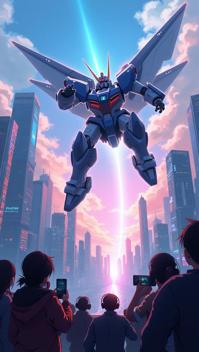 ruby theme, Generate an anime scene of a thrilling mecha battle in a futuristic cityscape, with towering skyscrapers and holographic billboards, as two mechas clash in mid air