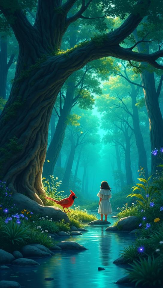 cardinal theme, Produce an anime scene in a lush, magical forest, featuring a small clearing with a crystal clear spring