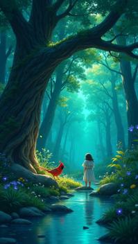 cardinal theme, Produce an anime scene in a lush, magical forest, featuring a small clearing with a crystal clear spring