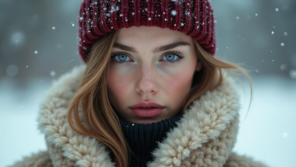 designed by Signe Vilstrup and Paolo Roversi, Fashion photography of an appealing supermodel, wearing fashion outfit, winter background