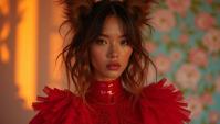 art by Vivienne Tam, Fashion photography of a Prussian supermodel, wearing Polyurethane fashion outfit, Yorkshire Terrier Eyes