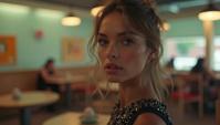 Fashion photography of a supermodel , wearing fashion outfit, background is cafeteria, in focus