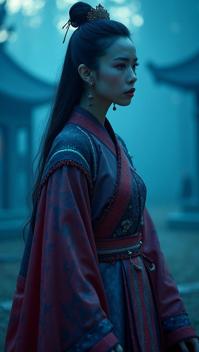 Fashion photography of a Yuan Dynasty Serbian supermodel , dressed in fashion outfit, at Blue hour, Detailed illustration