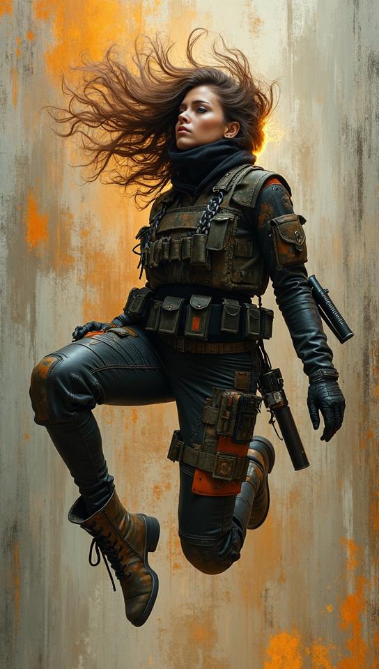Fashion photography of a supermodel Jumping, dressed in Battle fashion outfit, reeds, alien worlds