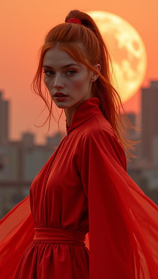 Fashion photography of a Serial Art, supermodel , with flowing lava, red
