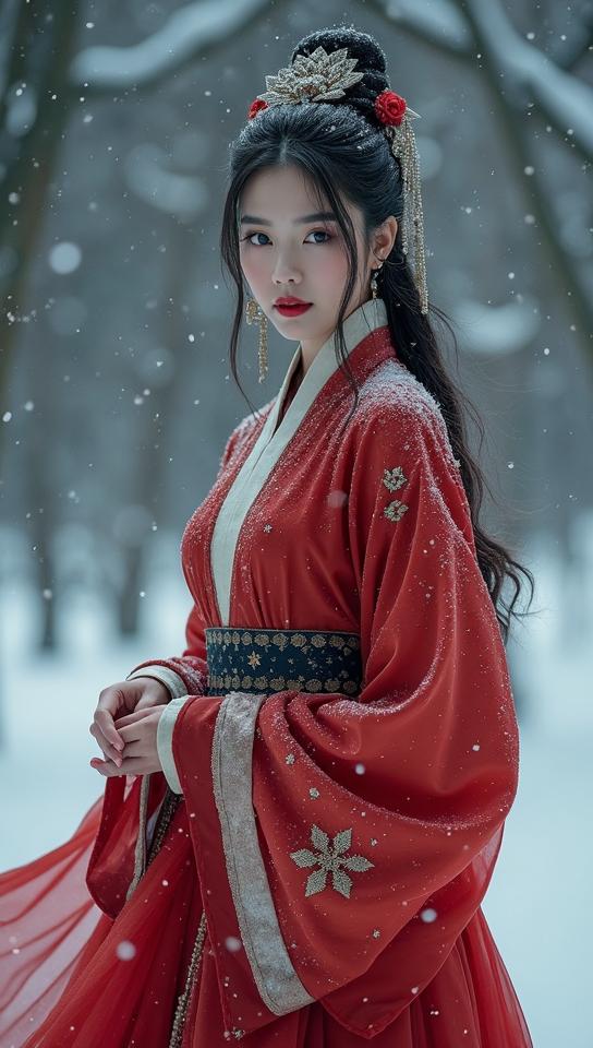 Fashion photography of a Han Dynasty supermodel, she is elegant, wearing fashion outfit, Snowing