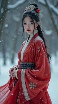 Fashion photography of a Han Dynasty supermodel, she is elegant, wearing fashion outfit, Snowing