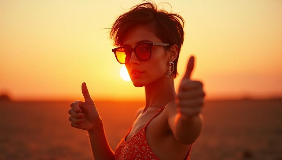 Fashion photography of a Panamanian supermodel, wearing fashion outfit, Thumbs down pose, Short hair